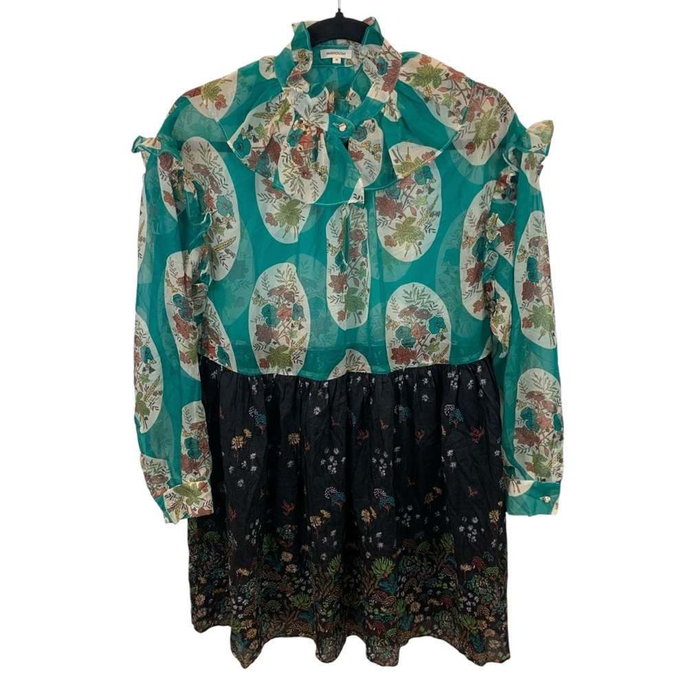 Manoush Sheer Ruffled Teal Green Black Floral Baby Doll Dress US 6 Silk Blend